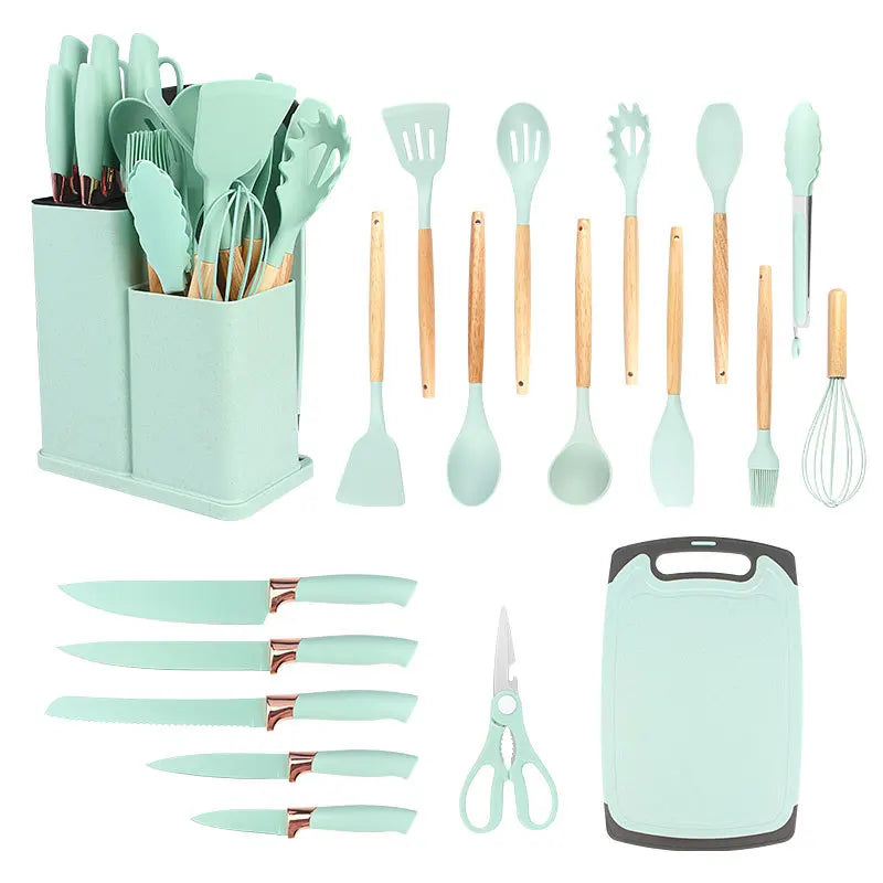 Kit Jogo Completo Utensílios C/19 Peças Cozinha Com Tablet Silicone Espátula Faca Tesoura