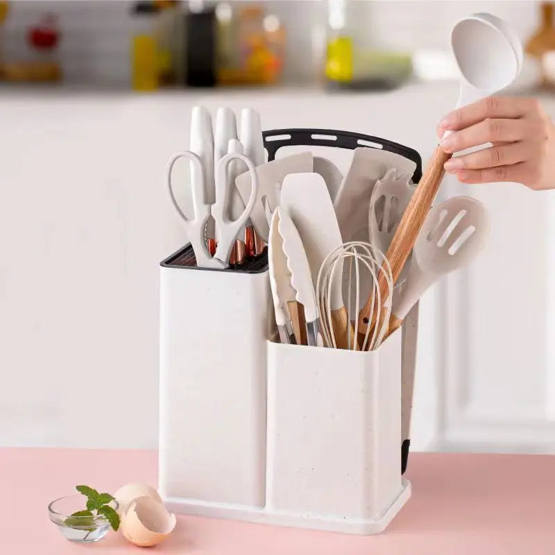 Kit Jogo Completo Utensílios C/19 Peças Cozinha Com Tablet Silicone Espátula Faca Tesoura