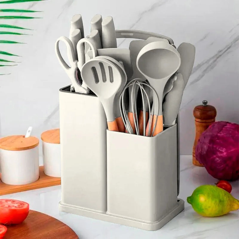 Kit Jogo Completo Utensílios C/19 Peças Cozinha Com Tablet Silicone Espátula Faca Tesoura