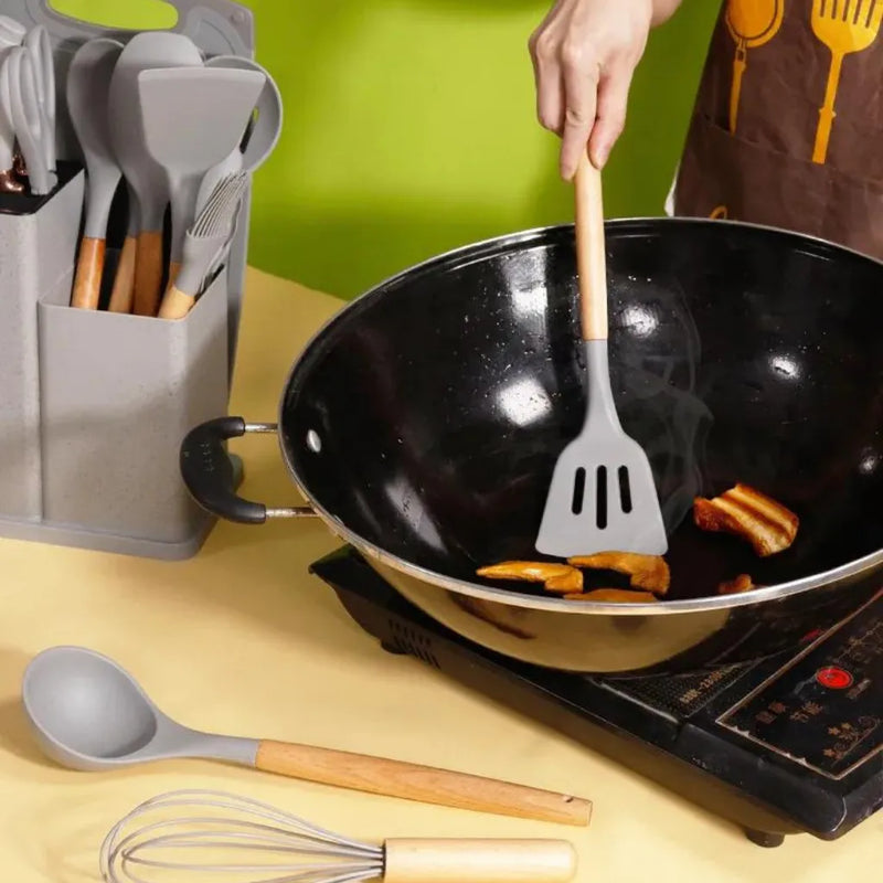 Kit Jogo Completo Utensílios C/19 Peças Cozinha Com Tablet Silicone Espátula Faca Tesoura