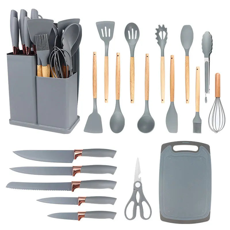 Kit Jogo Completo Utensílios C/19 Peças Cozinha Com Tablet Silicone Espátula Faca Tesoura