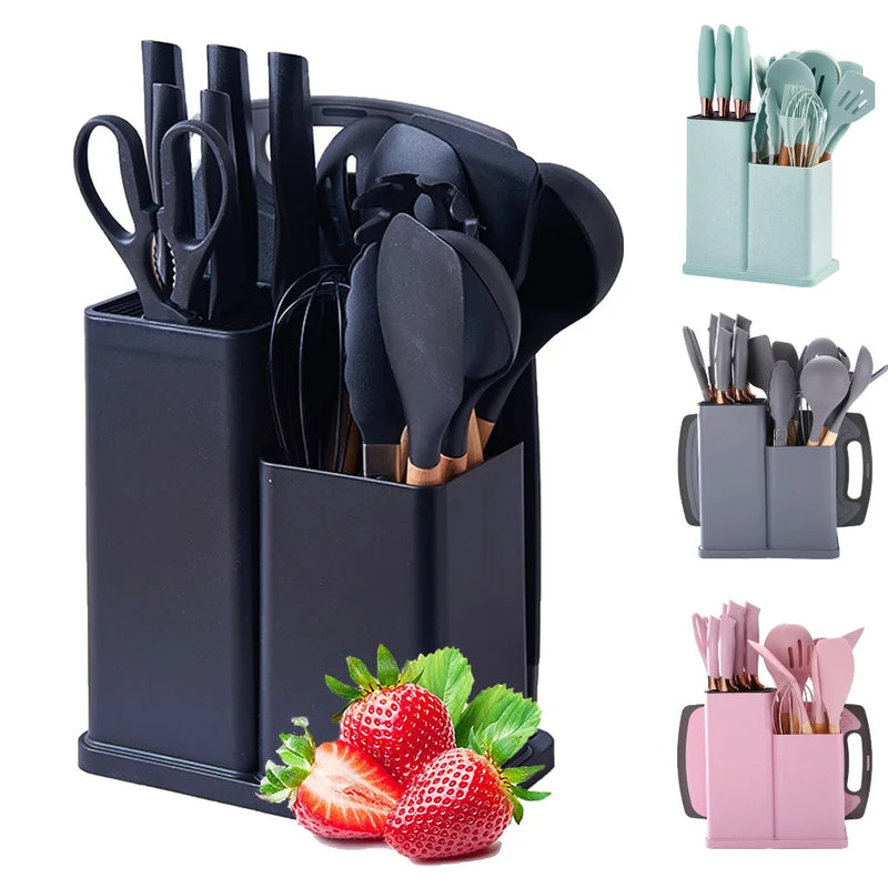 Kit Jogo Completo Utensílios C/19 Peças Cozinha Com Tablet Silicone Espátula Faca Tesoura