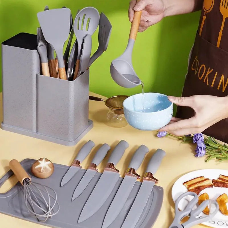 Kit Jogo Completo Utensílios C/19 Peças Cozinha Com Tablet Silicone Espátula Faca Tesoura