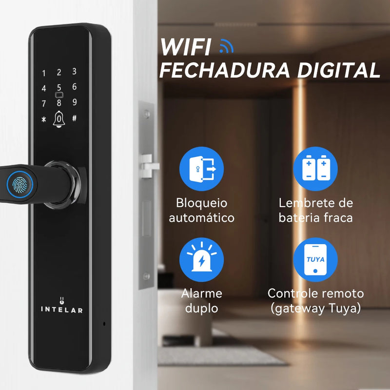 Intellar tuya wifi digital eletrônico inteligente fechadura da porta com câmera biométrica impressão digital cartão inteligente senha desbloqueio chave