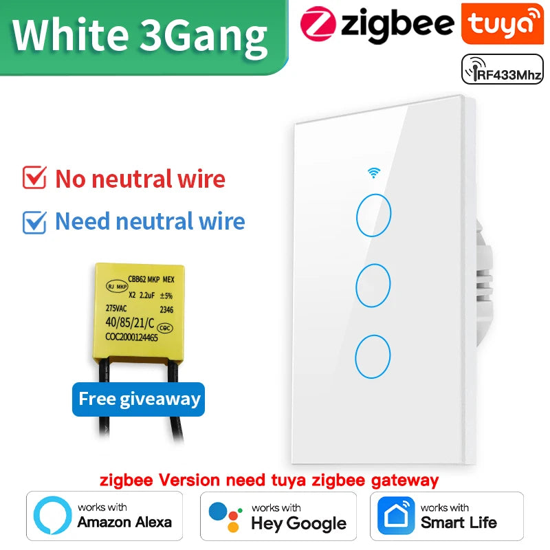 TNCE Tuya US WiFi+Bluetooth Smart Wall Switch 1/2/3/4 Gang Wire Touch Sensor LED Light Switches Smart Home Alexa Google Home