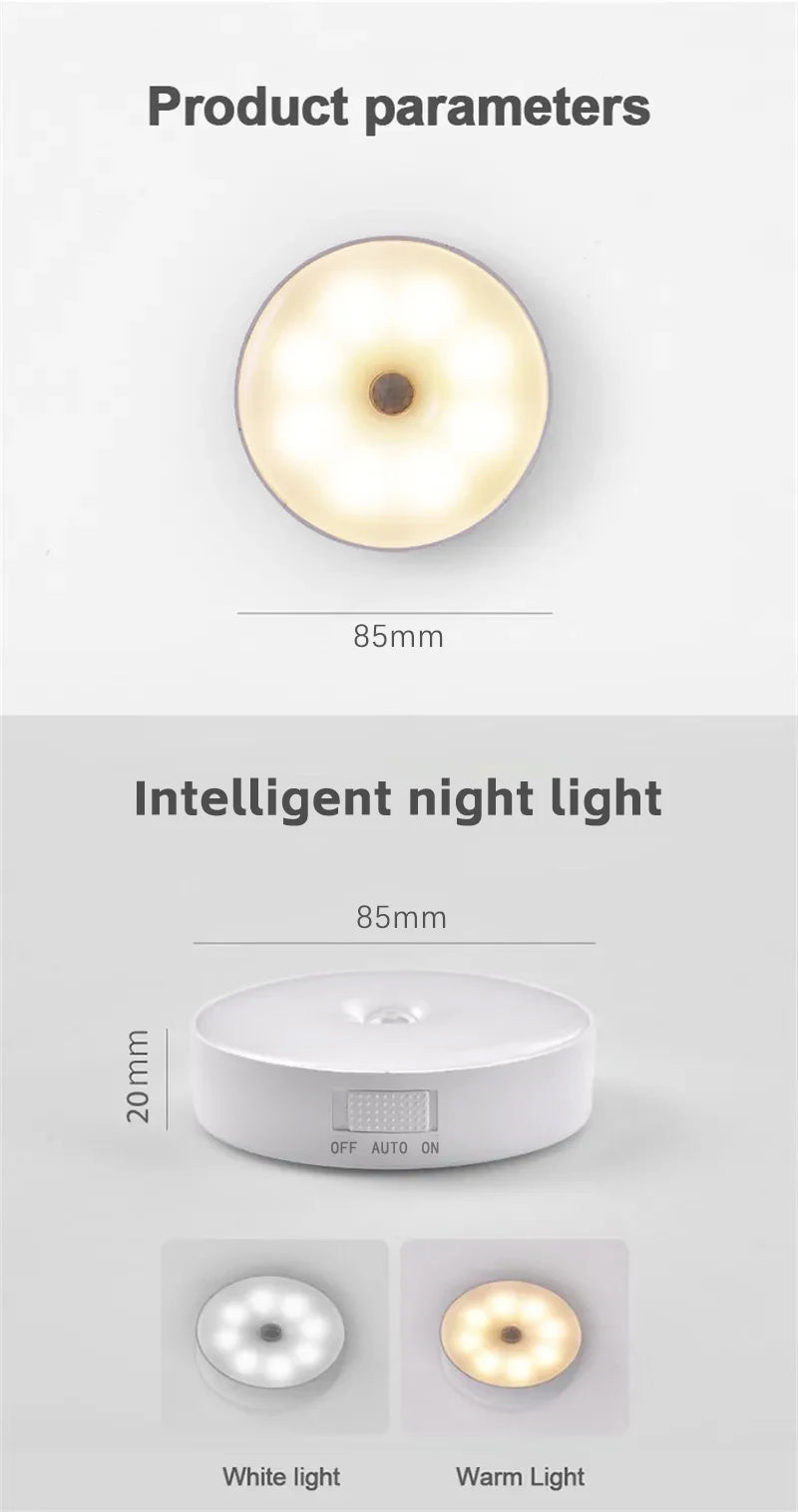 Lâmpada noturna LED inteligente com sensor de corpo humano, iluminação automática de emergência, carregamento USB, sucção magnética sem fio, luz noturna